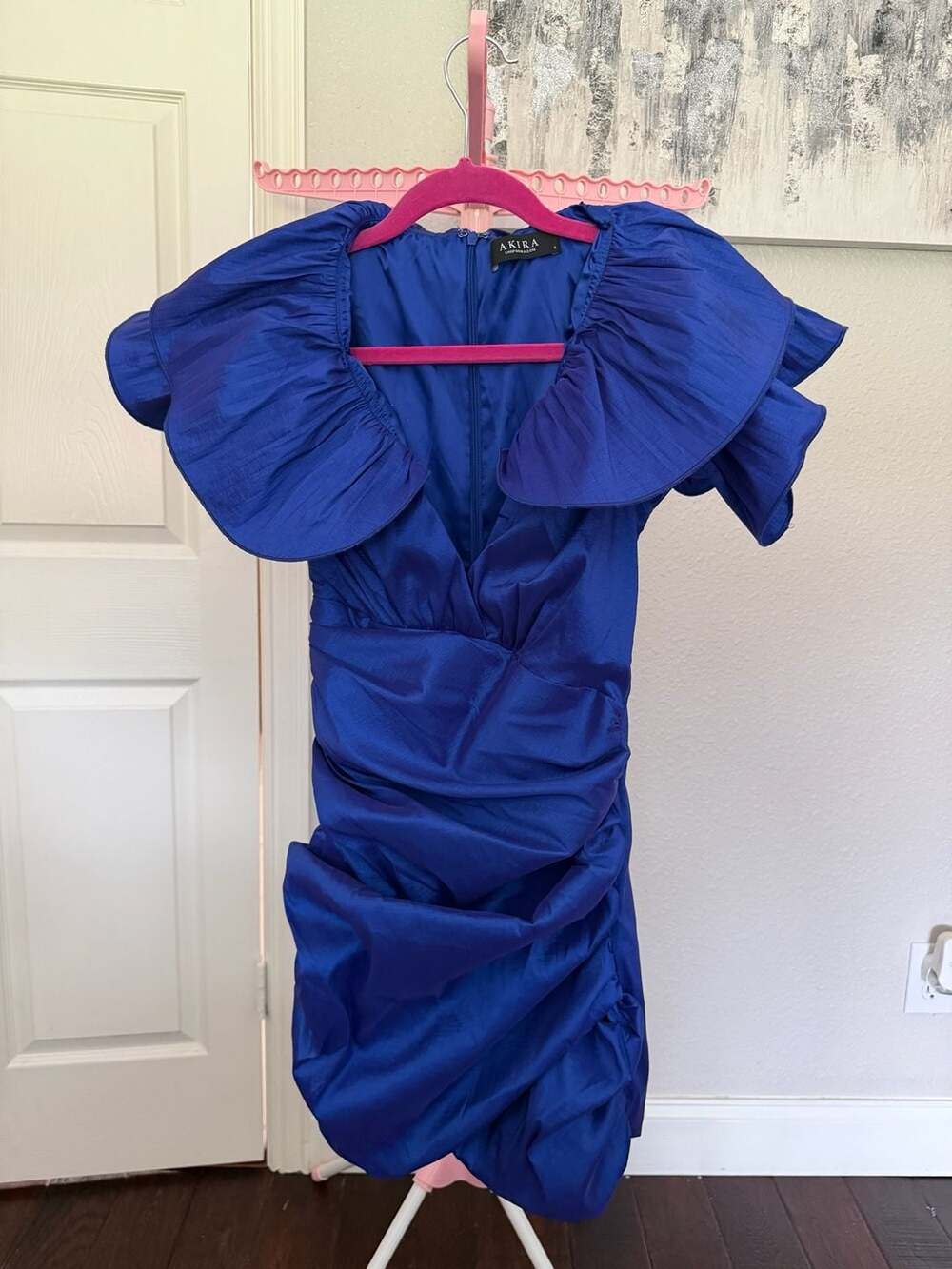 AKIRA Blue Satin Ruched Mini Dress with Ruffled Cap Sleeves